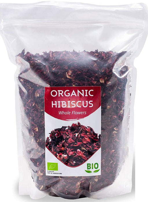 Sachet de fleurs d'hibiscus bio entières, riches en saveurs et en couleurs, pour une infusion parfaite.