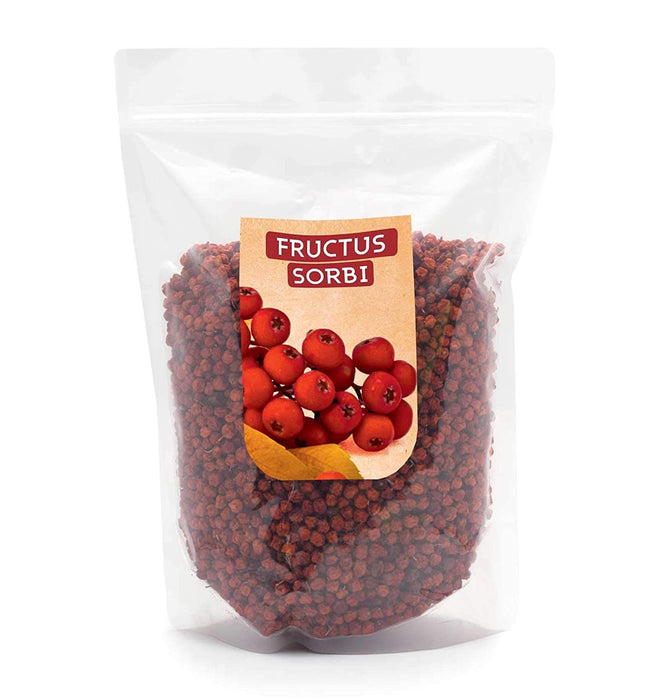 Emballage de baies de sorbier des oiseleurs, présentant les fruits rouges vifs sur l'étiquette, sachet refermable de 900g.