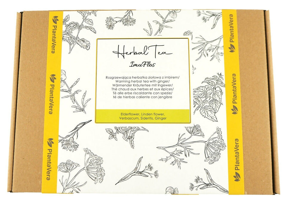 Coffret élégant Herbal Tea Immuflos avec un design botanique et une bande jaune, prêt à être offert.