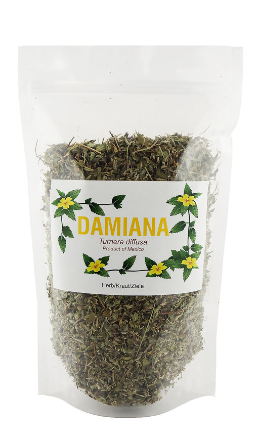 Sachet transparent de feuilles séchées de Damiana (Turnera diffusa) Planta Vera avec étiquette illustrant les fleurs jaunes de la plante, produit du Mexique, idéal pour préparer des infusions toniques et aphrodisiaques.