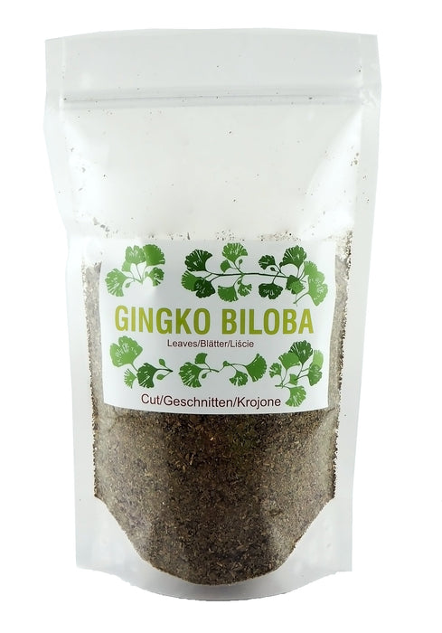 Emballage transparent de thé de Ginkgo biloba avec un étiquetage vert indiquant "Feuilles coupées", prêt pour la vente.