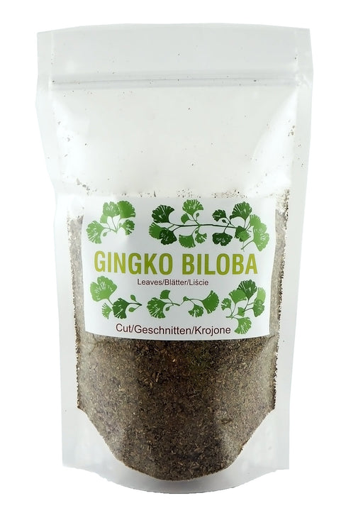 Emballage transparent de thé de Ginkgo biloba avec un étiquetage vert indiquant "Feuilles coupées", prêt pour la vente.