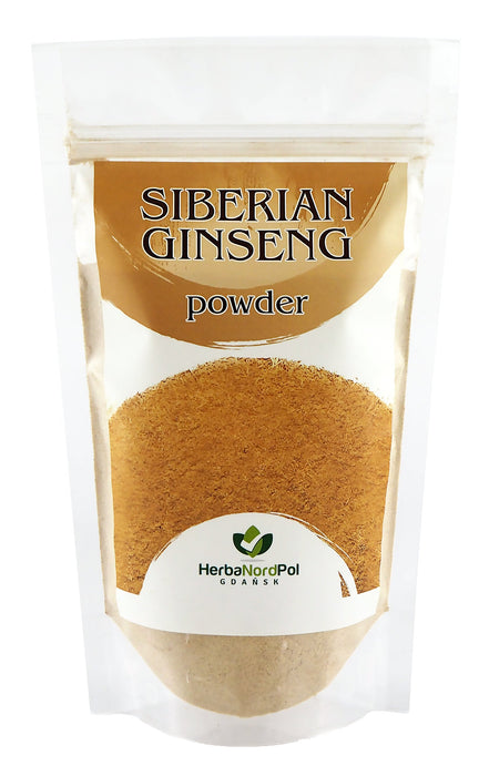 Poudre de Ginseng de Sibérie emballée de HerbaNordPol avec étiquetage visible.