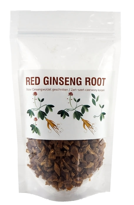 Racine de Ginseng rouge BIO coupée en tranches dans un emballage transparent avec étiquette multilingue, parfait pour les infusions énergisantes.