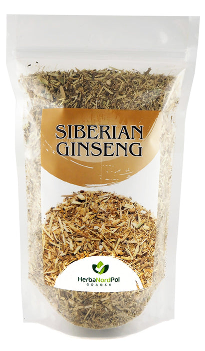 Sachet transparent de Ginseng de Sibérie avec racines coupées pour infusion, marqué par la marque HerbaNordPol de Gdańsk.