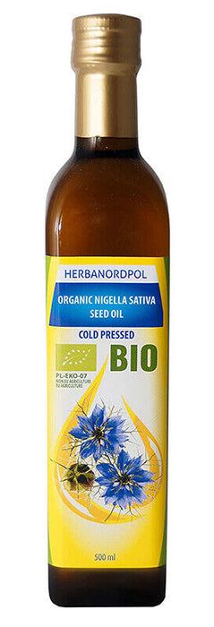 Bouteille d'huile de nigelle BIO HERBANORDPOL, Nigella sativa pressée à froid, 500 ml, avec étiquetage en français.