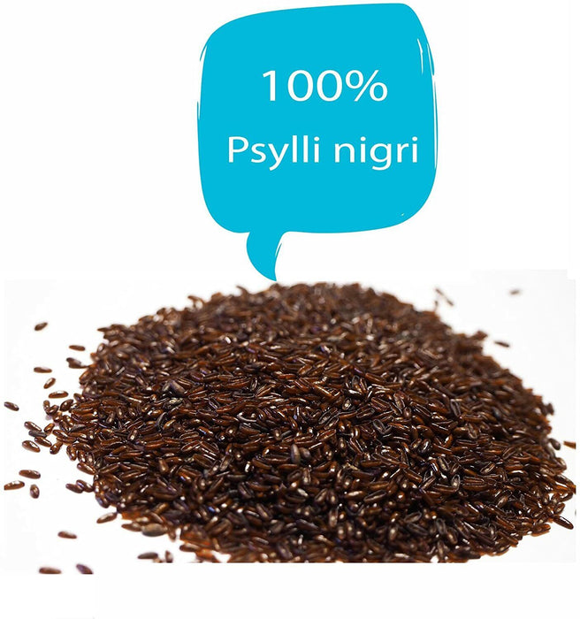 Psyllium noir 100% naturel, sans additifs, dans un emballage transparent – votre allié pour un bien-être quotidien.