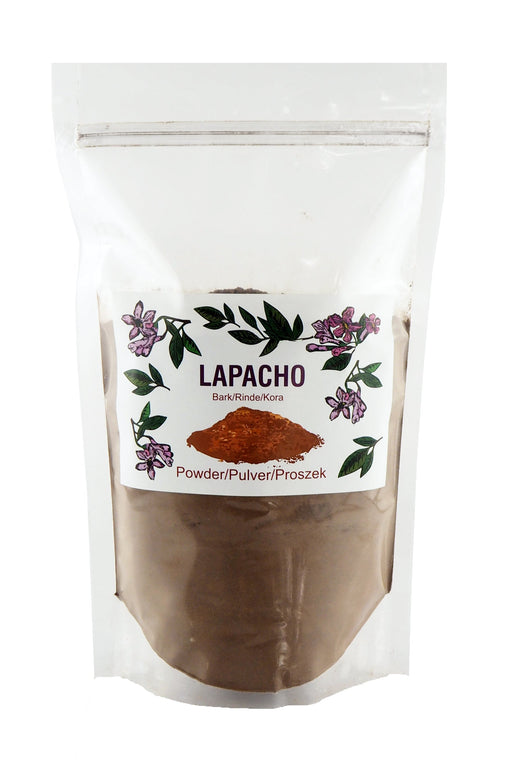 Emballage attrayant de poudre de Lapacho, promesse d'un thé riche en histoire et en bienfaits, avec des fleurs de Lapacho décoratives.