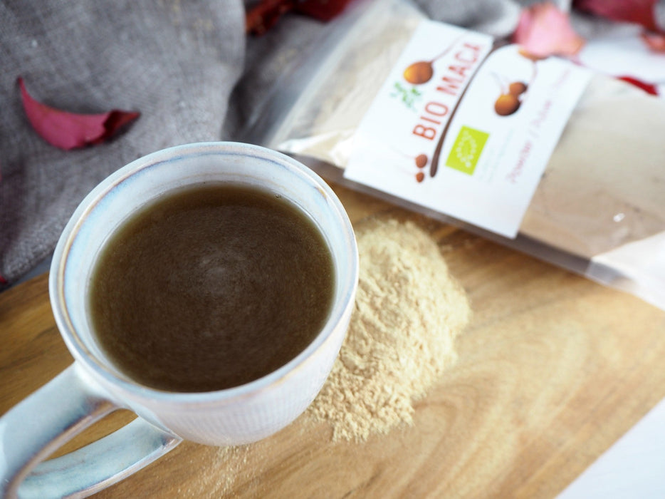 Maca bio en poudre fine, idéale pour vos mélanges de superaliments et boissons.