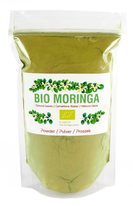 Emballage de Moringa Bio en poudre avec feuilles moulues, certifié PL-EKO-07, prêt à consommer.