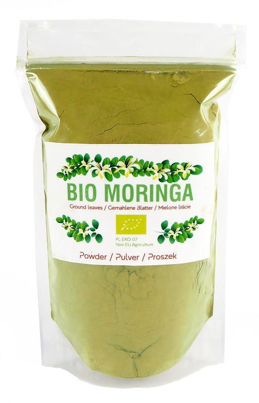 Emballage de Moringa Bio en poudre avec feuilles moulues, certifié PL-EKO-07, prêt à consommer.