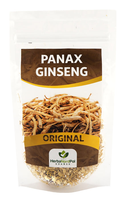 Emballage transparent de Panax Ginseng séché, produit original d'HerbaNordPol pour les amateurs de thé naturel.