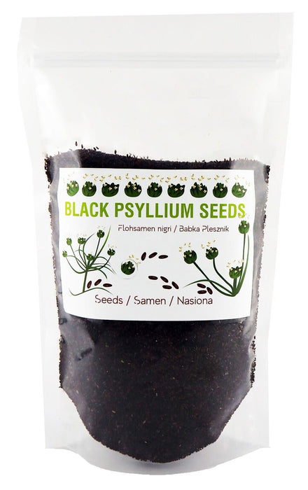 Psyllium noir en paquet, source pure et biologique pour soutenir votre régime de santé naturelle.