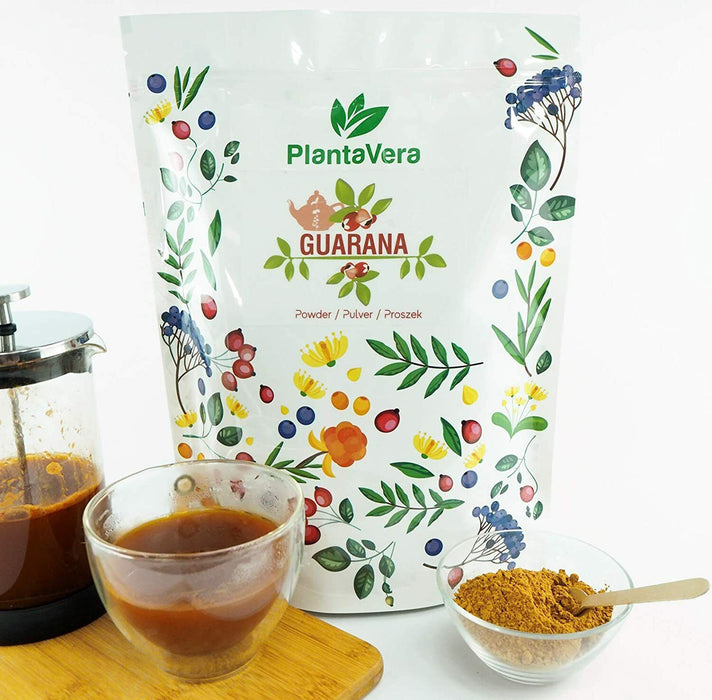 Poudre de Guarana PlantaVera devant un sachet ouvert, prête à être utilisée dans vos recettes ou comme complément énergétique quotidien.