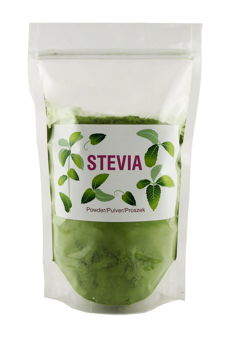 Sachet hermétique de Stevia en poudre Planta Vera avec des feuilles de Stevia illustrées sur le devant, prêt à l'emploi pour les consommateurs soucieux de leur santé.