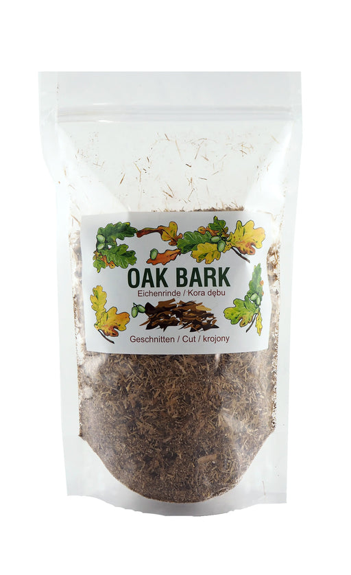 Sachet de OAK BARK avec écorce de chêne coupée visible, prêt pour la préparation d'une tisane riche en tanins naturels.