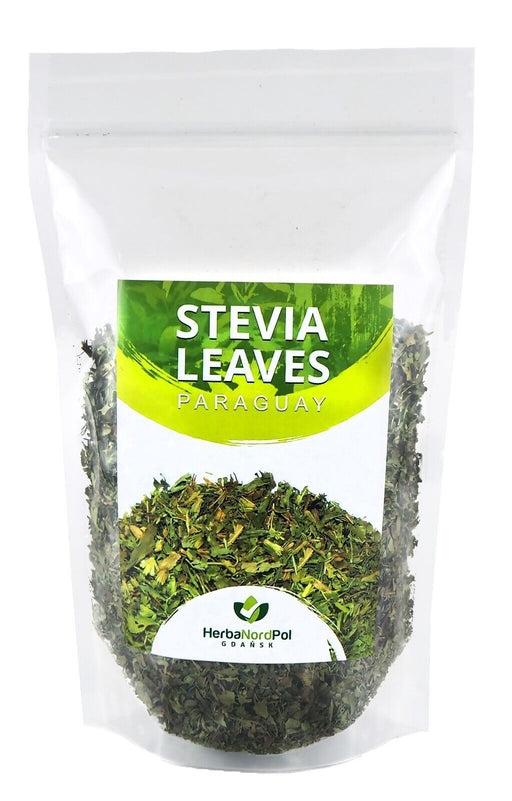 Sachet de feuilles de Stevia séchées HerbaNordPol, provenant du Paraguay, pour une consommation saine.