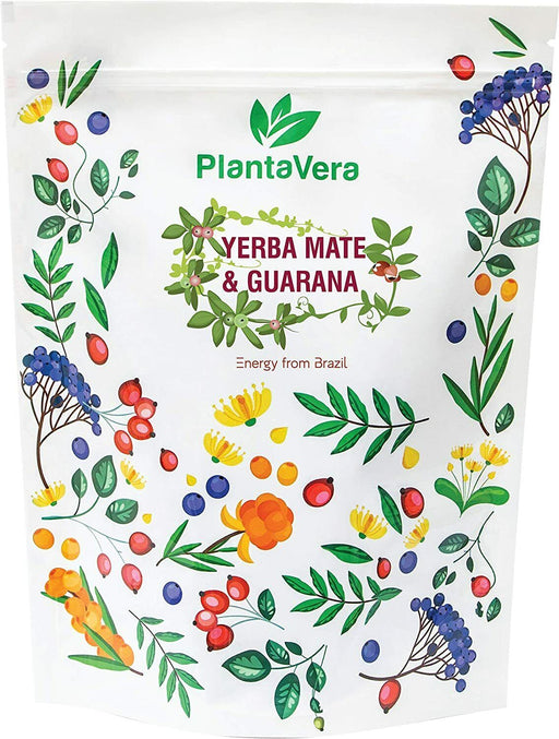 Sachet de Yerba Mate & Guarana de PlantaVera avec des illustrations de fruits, promettant énergie et vitalité.