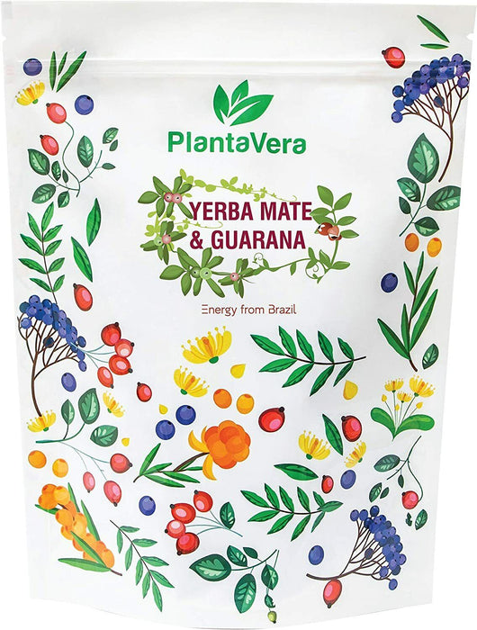 Sachet de Yerba Mate & Guarana de PlantaVera avec des illustrations de fruits, promettant énergie et vitalité.