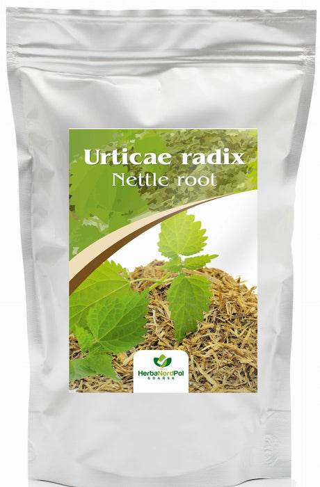 Vue aérienne de racine d'ortie séchée, ingrédient clé pour une tisane aux multiples vertus.