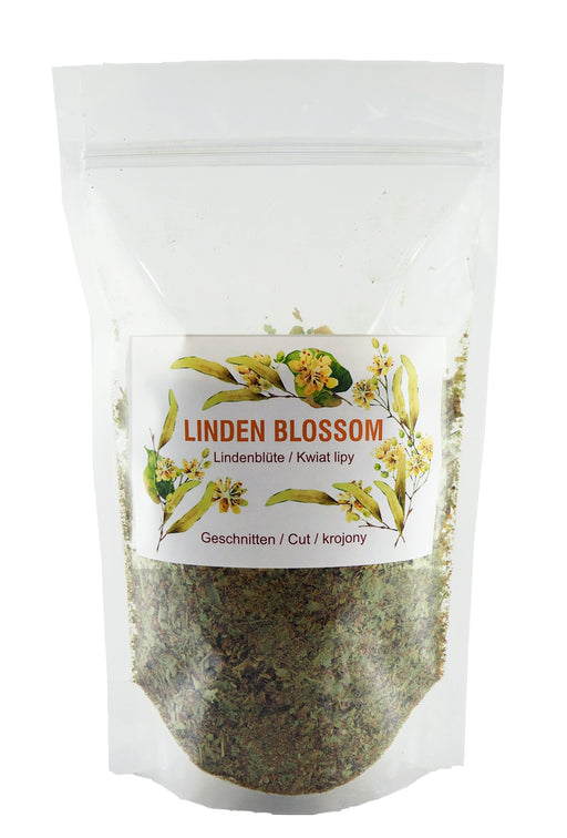 Emballage de 200g de fleurs de tilleul coupées avec étiquette 'LINDEN BLOSSOM' en gros plan.