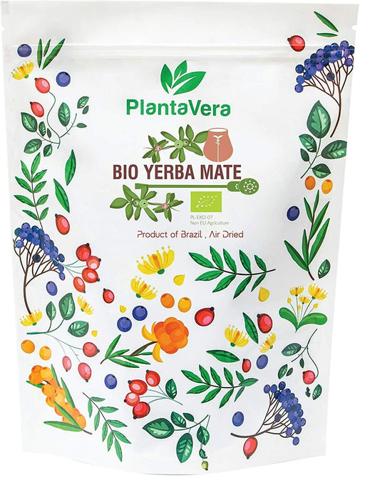 Emballage coloré de Yerba Mate BIO PlantaVera, indiquant un produit séché à l'air et de qualité supérieure pour les amateurs d'infusions naturelles.
