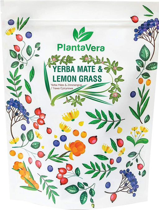 Paquet lumineux de Yerba Mate et Lemongrass PlantaVera avec un motif floral coloré pour un achat en ligne attractif.