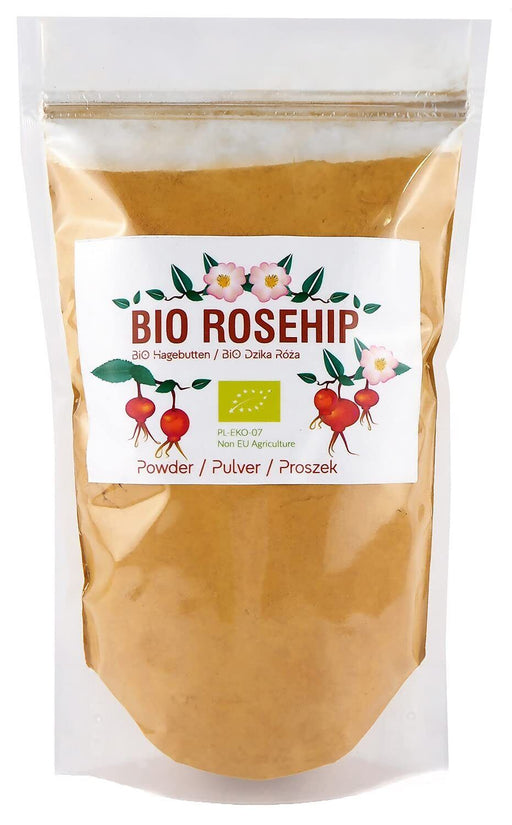 Emballage transparent de poudre de baies d'églantier bio avec étiquette florale, Rosa canina, prêt pour la vente.