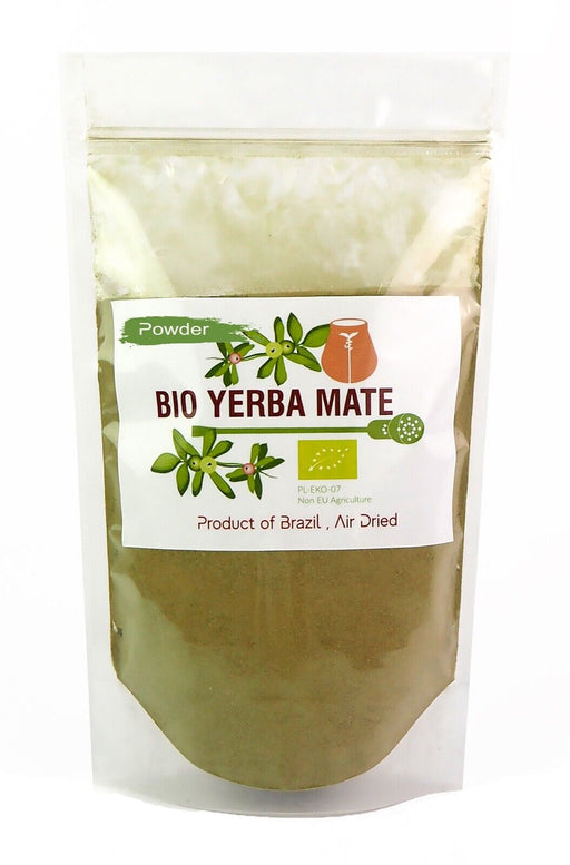 Paquet de Yerba Mate Bio de PlantaVera avec poudre fine à côté, produit du Brésil, séché à l'air pour une expérience authentique.