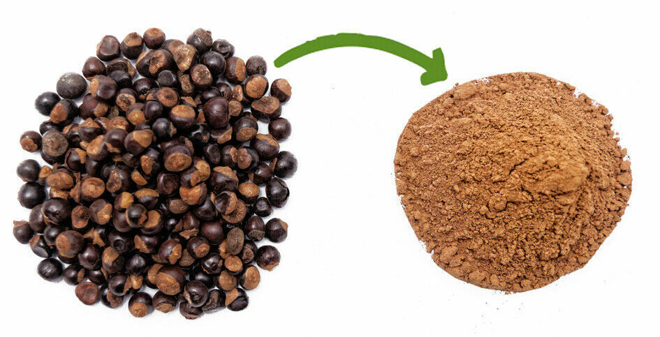 Transformation des graines de Guarana en poudre fine, illustrant le processus naturel pour obtenir ce super-aliment énergisant.