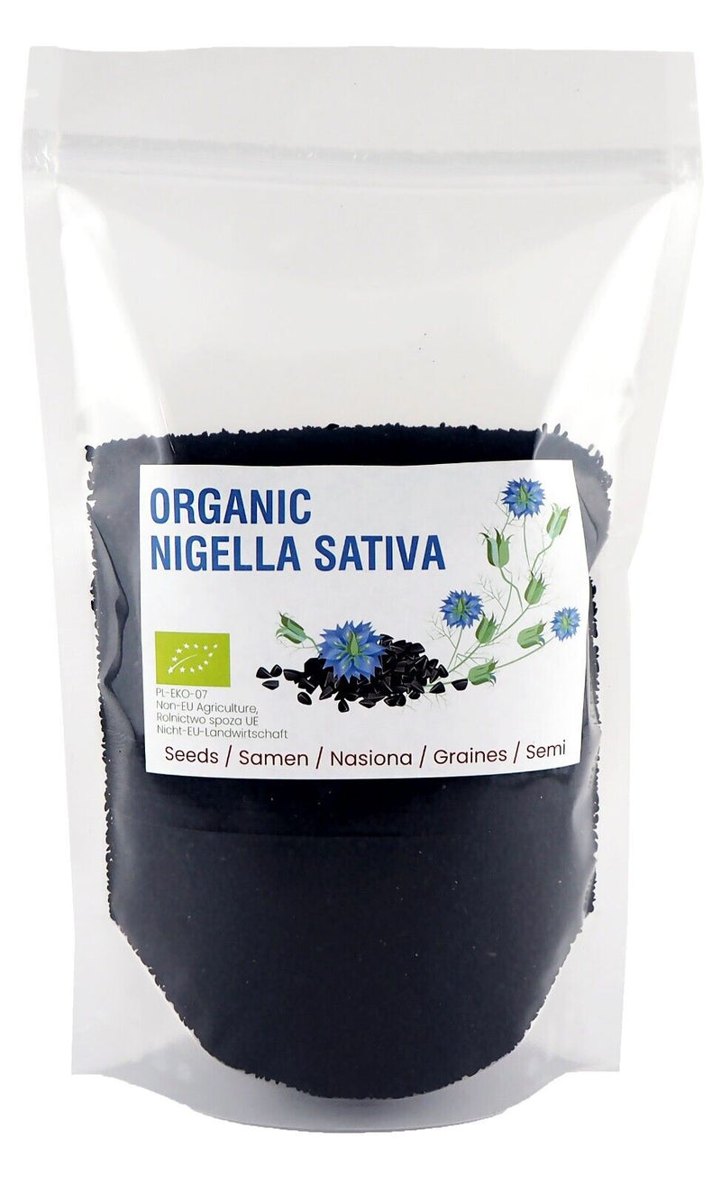 Emballage de graines de Nigelle noire BIO avec étiquetage européen certifié BIO, indiquant un produit de haute qualité et naturel.