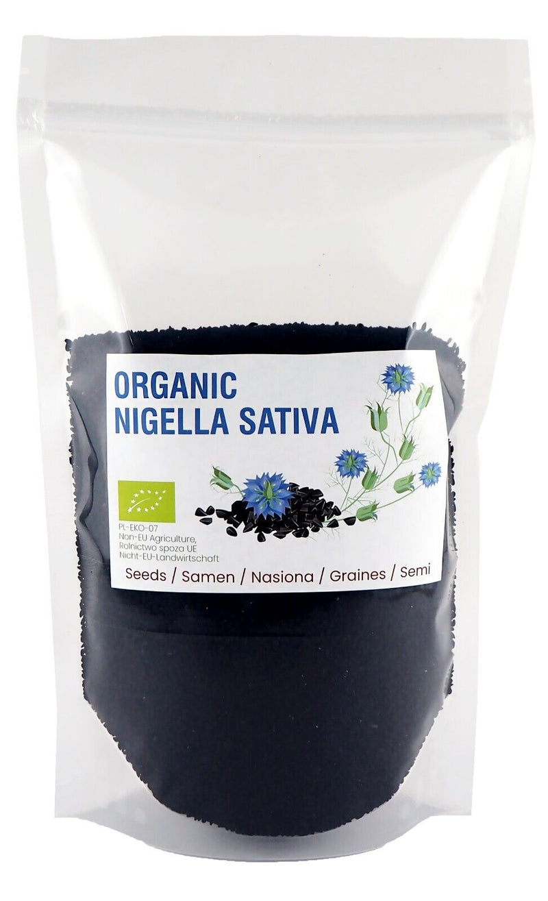 Emballage de graines de Nigelle noire BIO avec étiquetage européen certifié BIO, indiquant un produit de haute qualité et naturel.