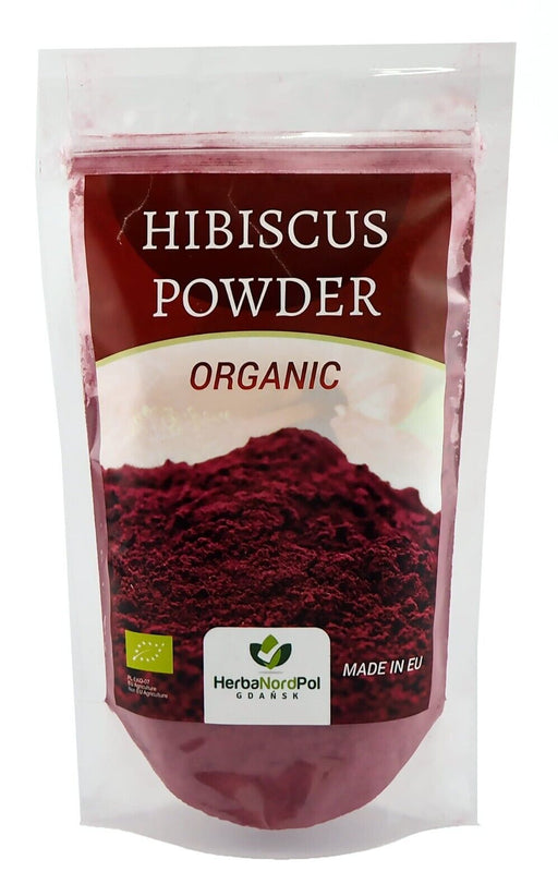 Emballage de poudre d'hibiscus biologique, étiquette claire avec certification BIO, prêt à être utilisé dans des recettes santé.